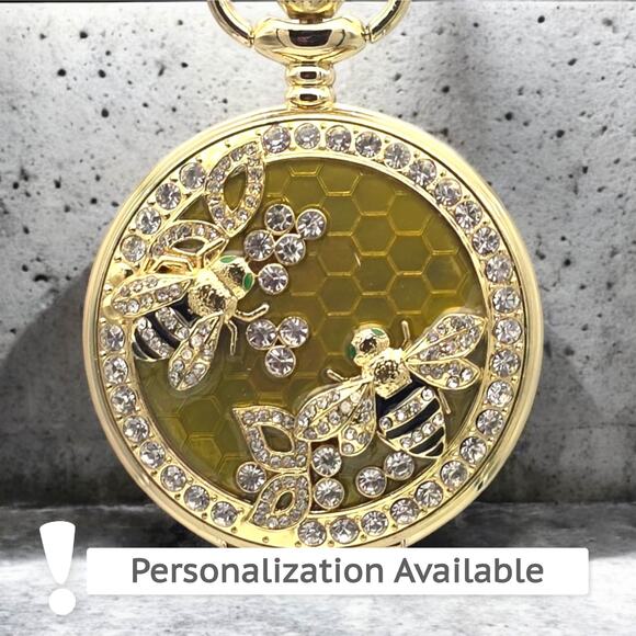Honeybee Pocket Watch – Gold Finish, Crystal Accents, Nature-Inspired Bee Gift - Picture 1 of 11